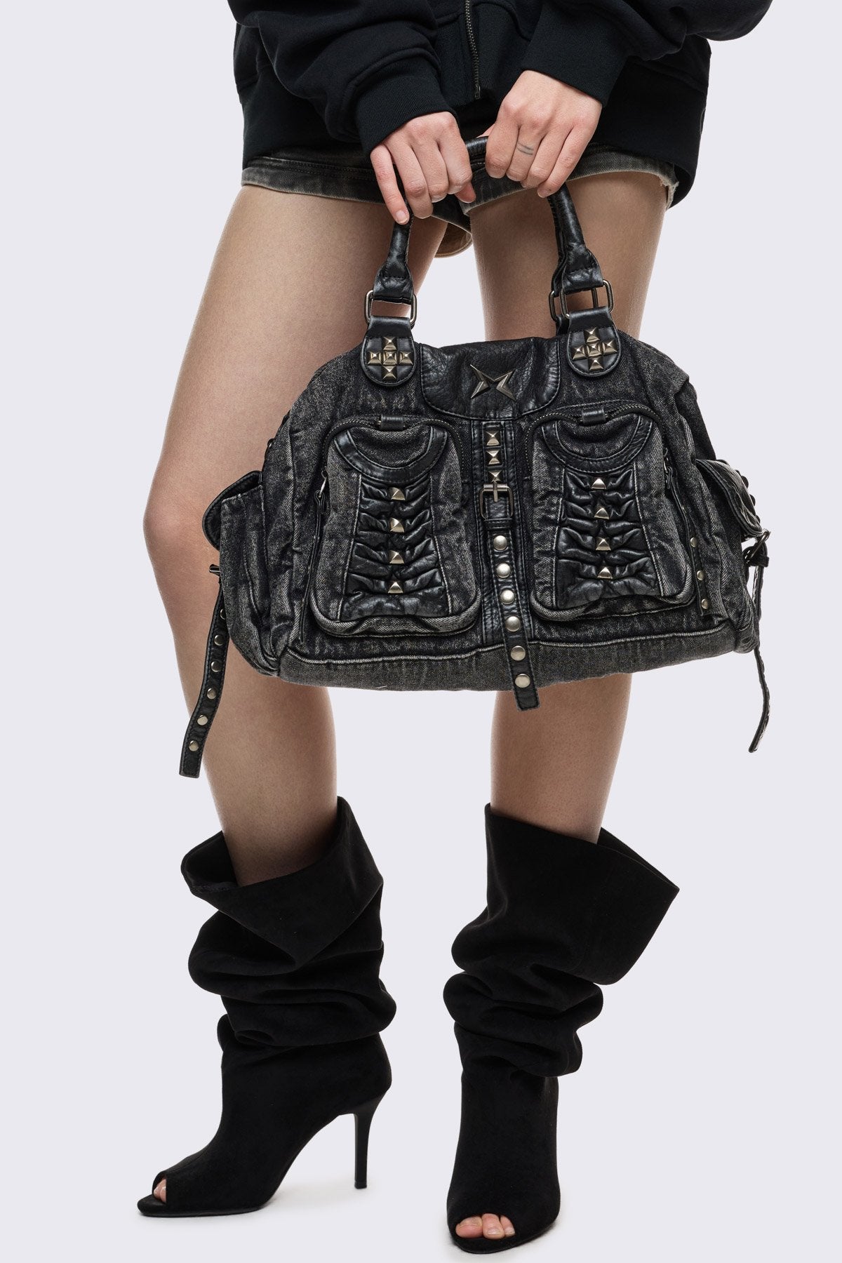 Black Denim Shoulder Bag with Studs | Minga London