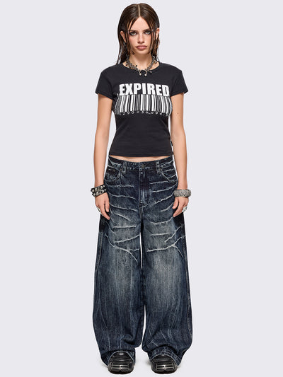 Blue washed wide leg baggy jeans featuring a grey overdye and distressed wrinkle-effect.