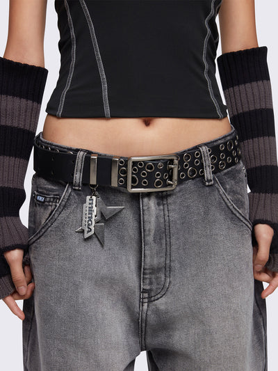 Double grommet leather belt in black with eyelets and minga logo pendant