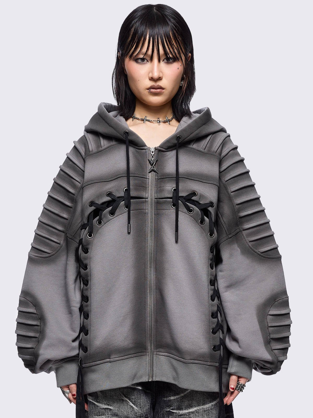 Grey Washed Lace Up Zip Up Hoodie with Pintuck Sleeves | Minga London