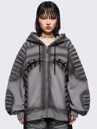 Grey washed zip up hoodie jacket featuring a moto pintuck panels and front lace corset details. 