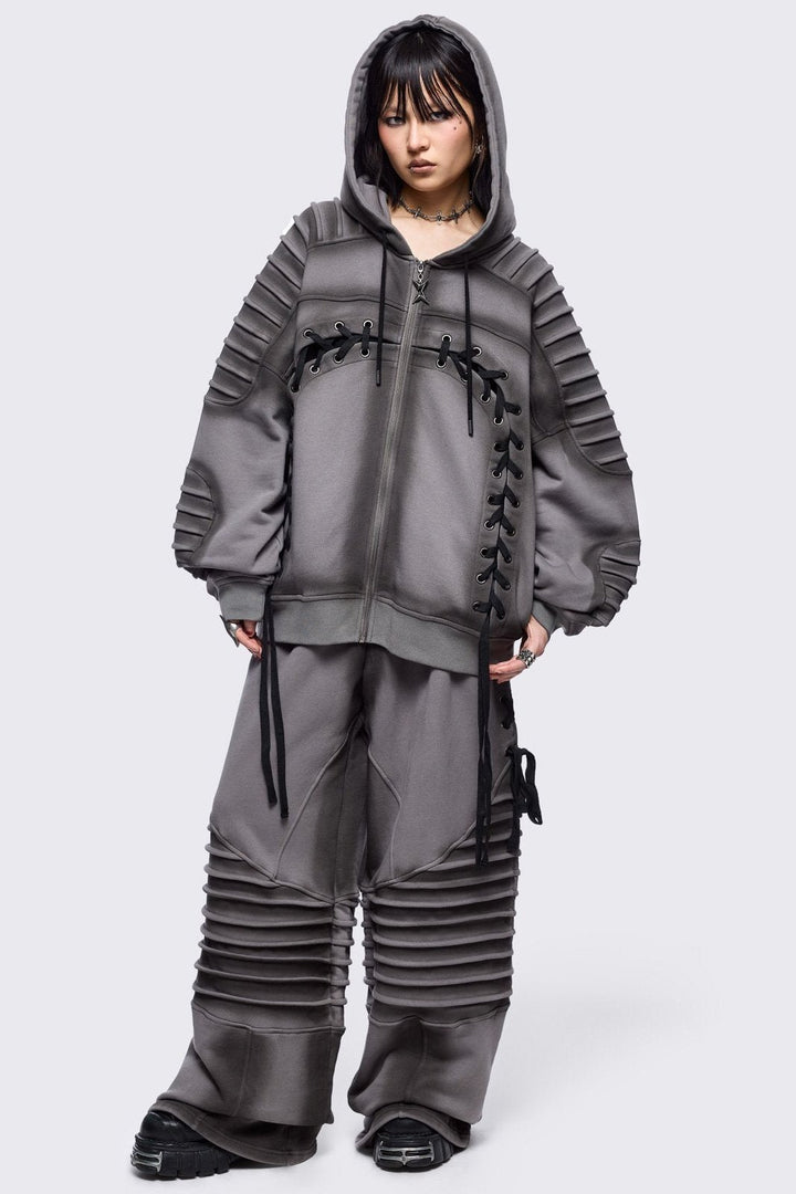 Grey Washed Lace Up Zip Up Hoodie with Pintuck Sleeves | Minga London