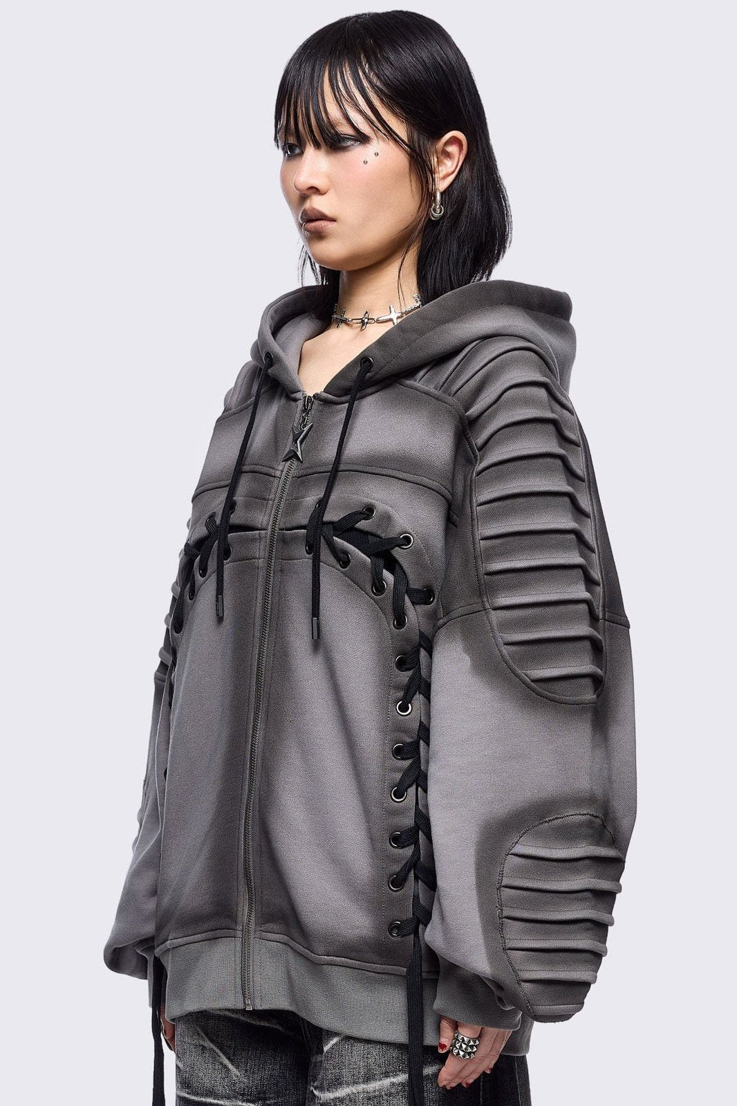Grey Washed Lace Up Zip Up Hoodie with Pintuck Sleeves | Minga London