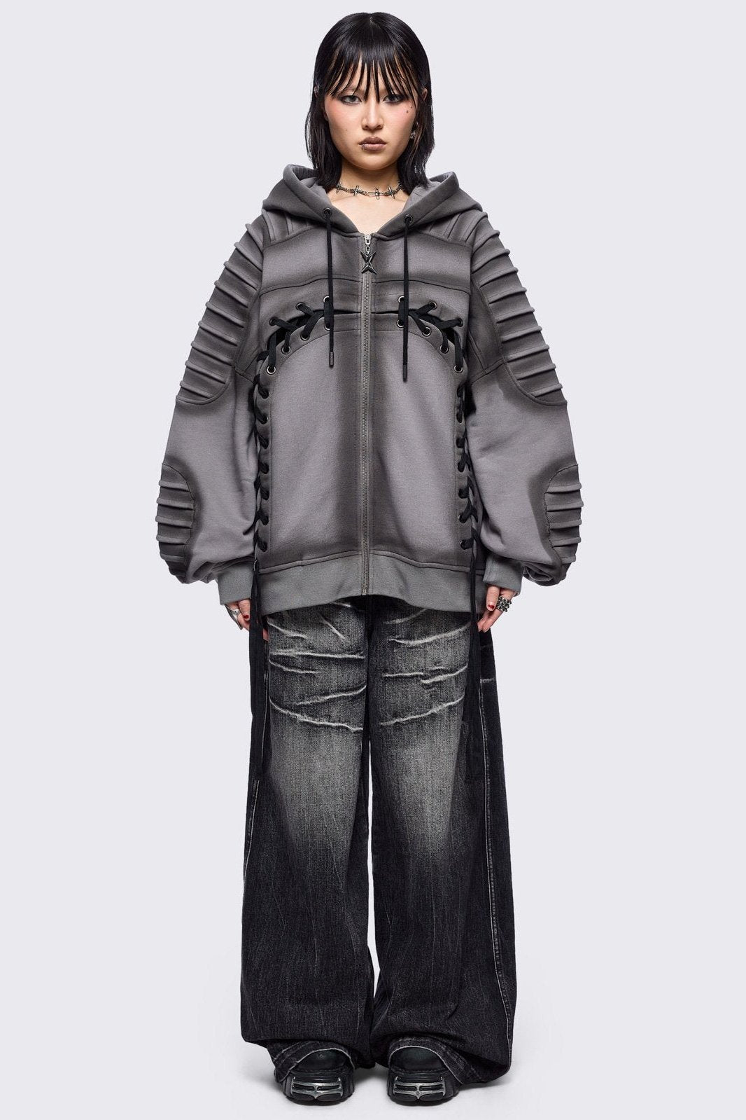 トップス NEW ZIP-UP HOODIE M Grey Zip-Up Hoodie with Sacred Saint Graphic & Thorn Print Sleeves