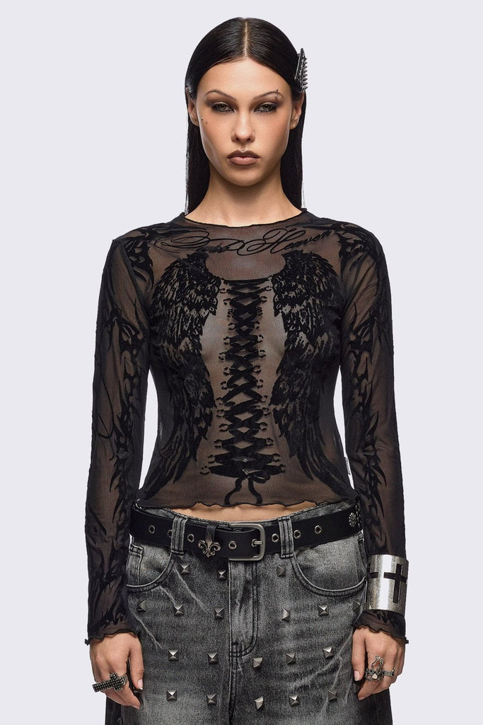 Wings Long Sleeve Mesh Top in Black | Minga London