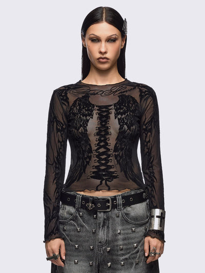 Black mesh top with winged corset and sigilism graphic print.