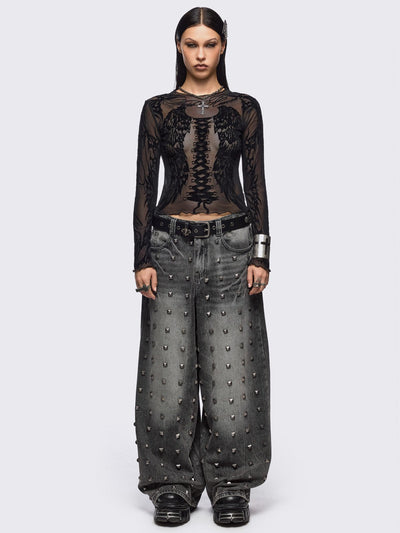 Black mesh top with winged corset and sigilism graphic print.