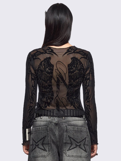 Black mesh top with winged corset and sigilism graphic print.