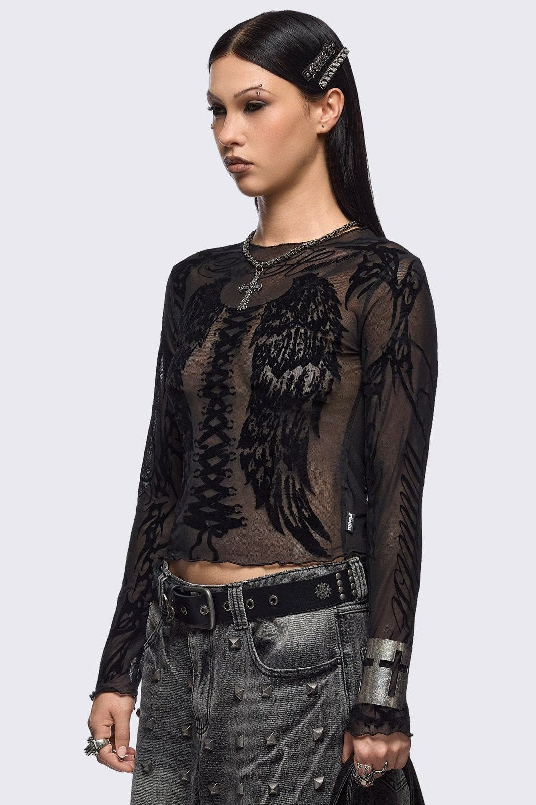 Wings Long Sleeve Mesh Top in Black | Minga London
