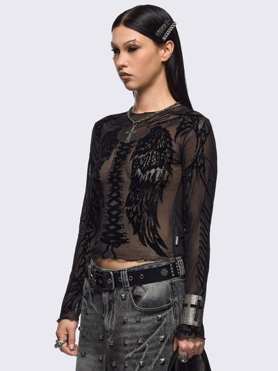 Black mesh top with winged corset and sigilism graphic print.
