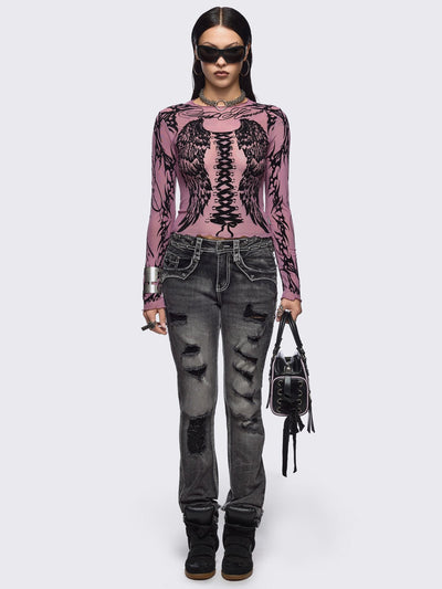 Pink mesh top with black winged corset and sigilism graphic print.
