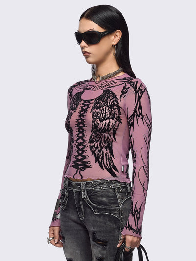 Pink mesh top with black winged corset and sigilism graphic print.