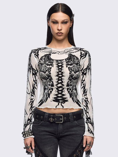 White mesh top with black winged corset and sigilism graphic print.