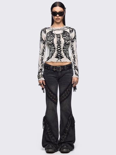 White mesh top with black winged corset and sigilism graphic print.