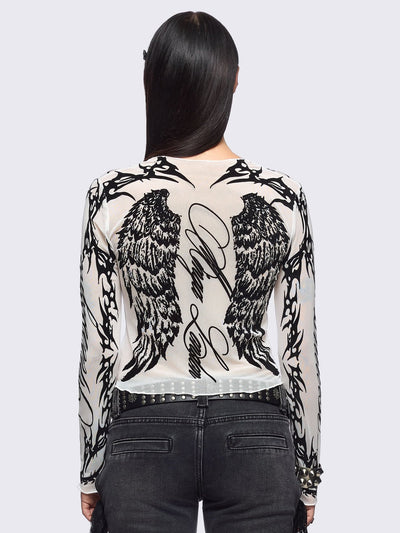 White mesh top with black winged corset and sigilism graphic print.