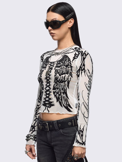 White mesh top with black winged corset and sigilism graphic print.