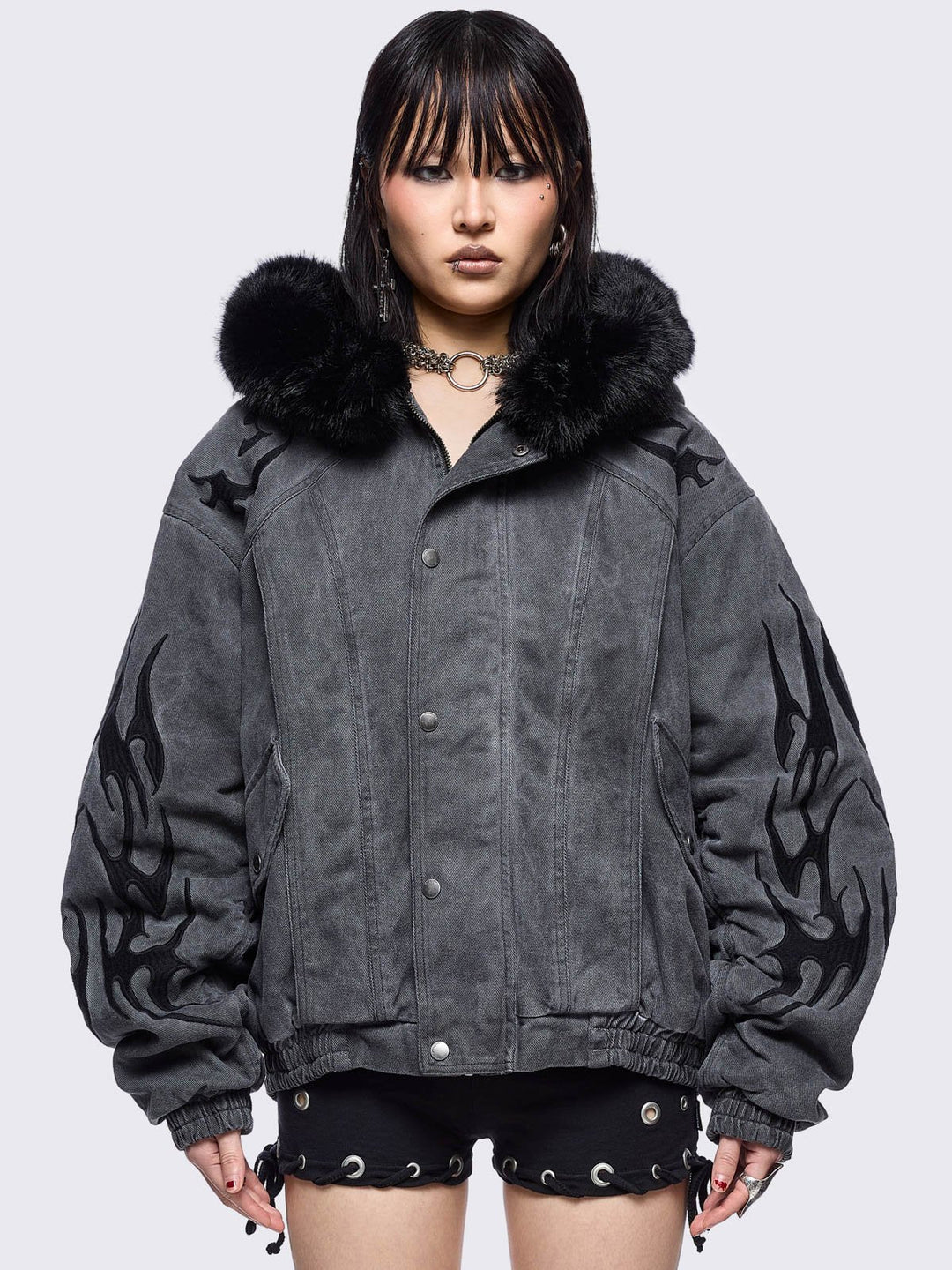 Grey Denim Jacket with Faux Fur Hood and Sigil Patches | Minga London