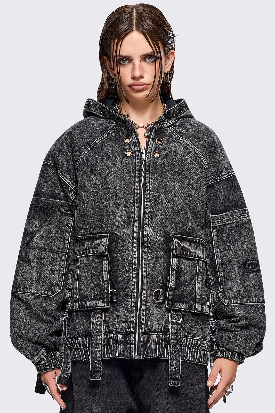 も*か様 Bonjour EXCLUSIVE Denim Jacket 2y Denim Hood Bomber Jacket in Acid Black Wash | Minga London