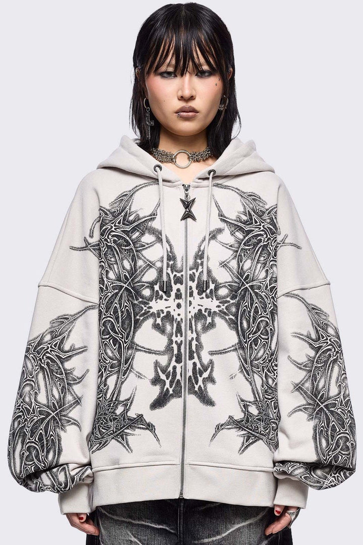 ルセラフィム ソウルコン アパレル HOODIE フーディー パーカー M Oversized Cyber Sigilism Zip Up Hoodie in Grey | Minga London