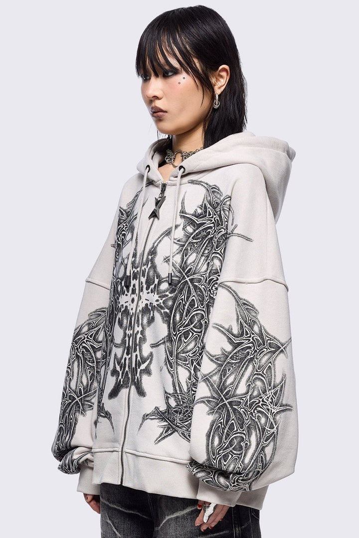 Oversized Cyber Sigilism Zip Up Hoodie in Grey | Minga London