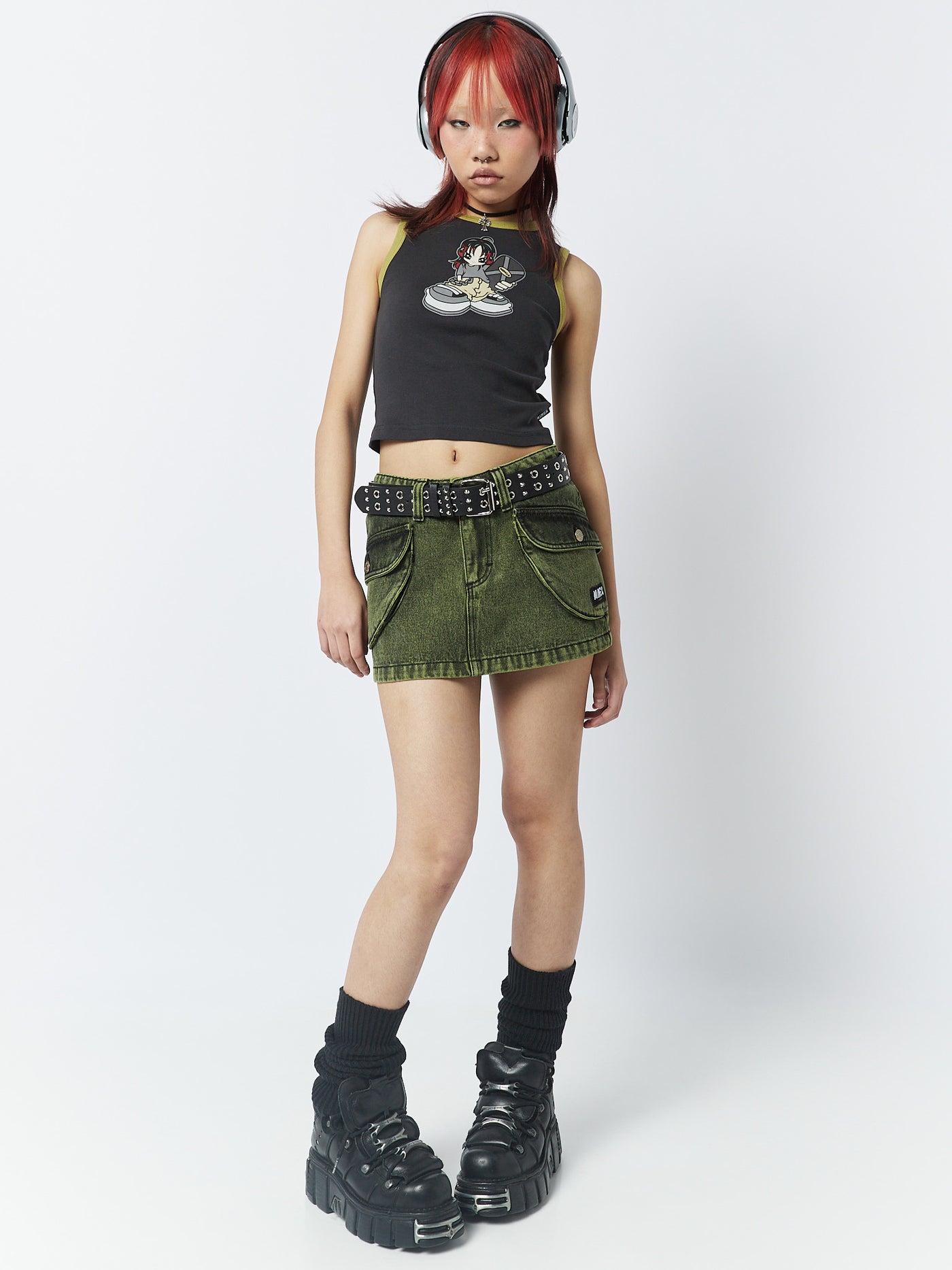 Washed Green Mini Denim Cargo Skirt - Minga London