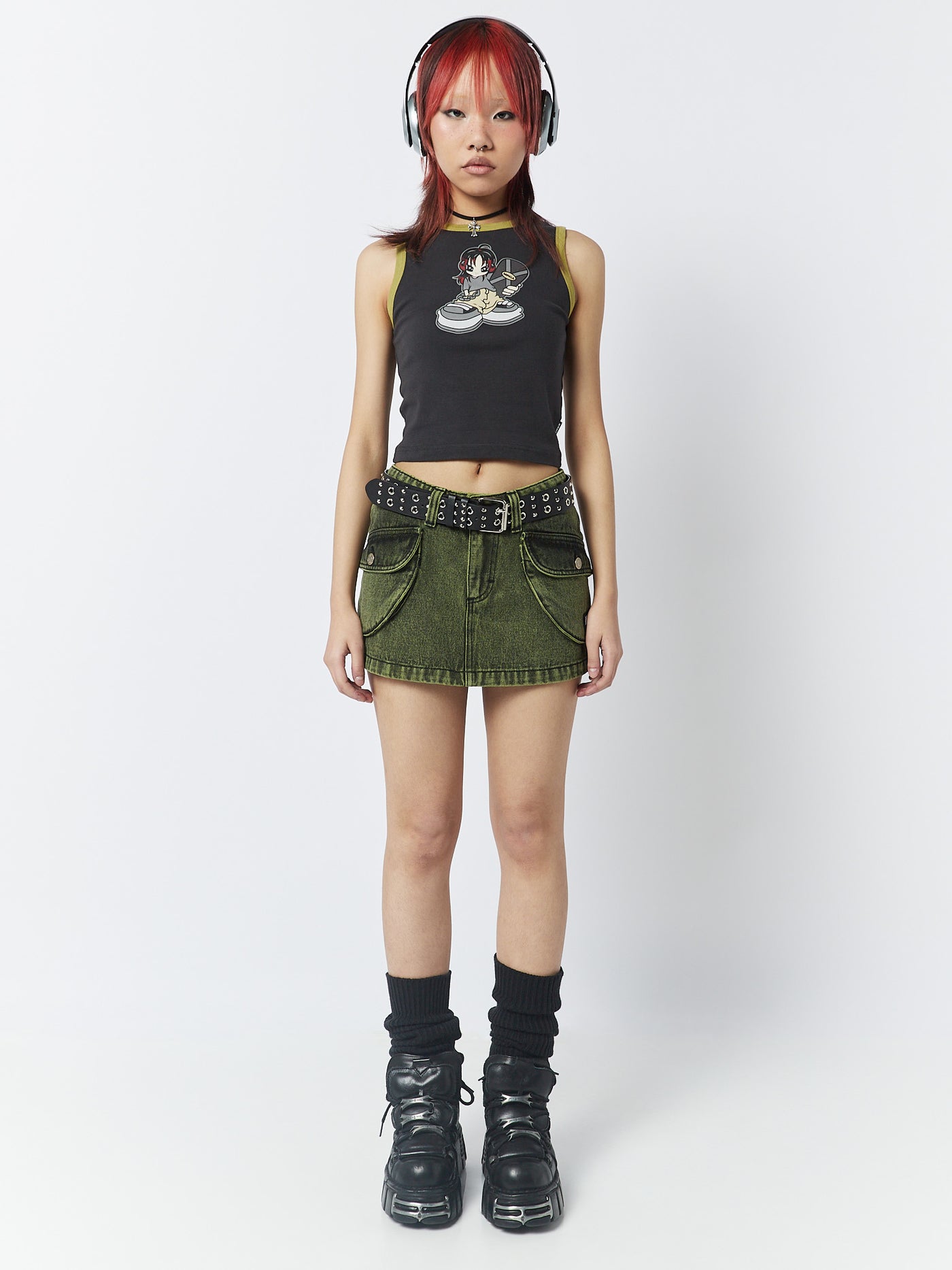 Washed Green Mini Denim Cargo Skirt - Minga London