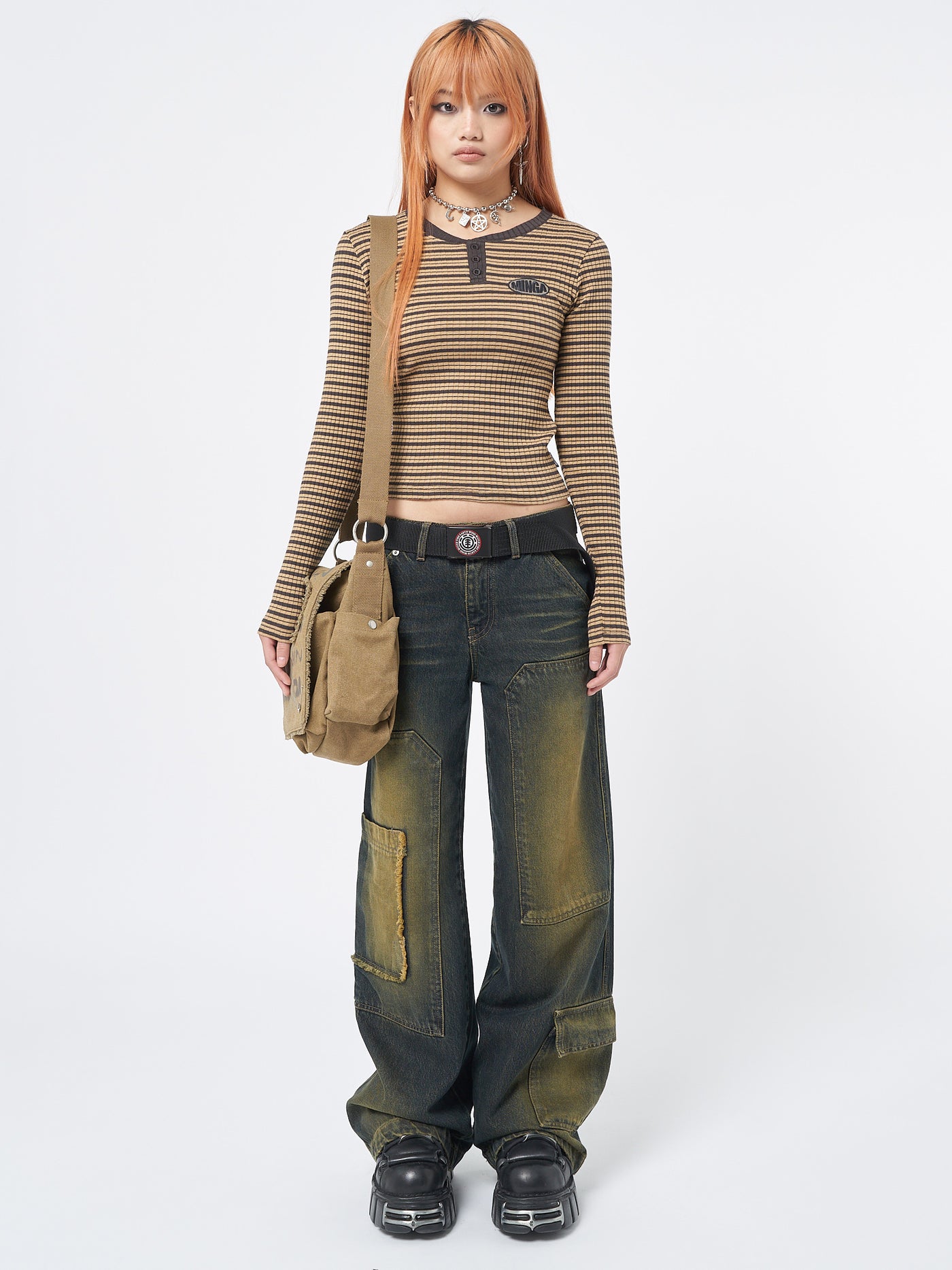 Brownie Half Button Striped Rib Top - Minga London