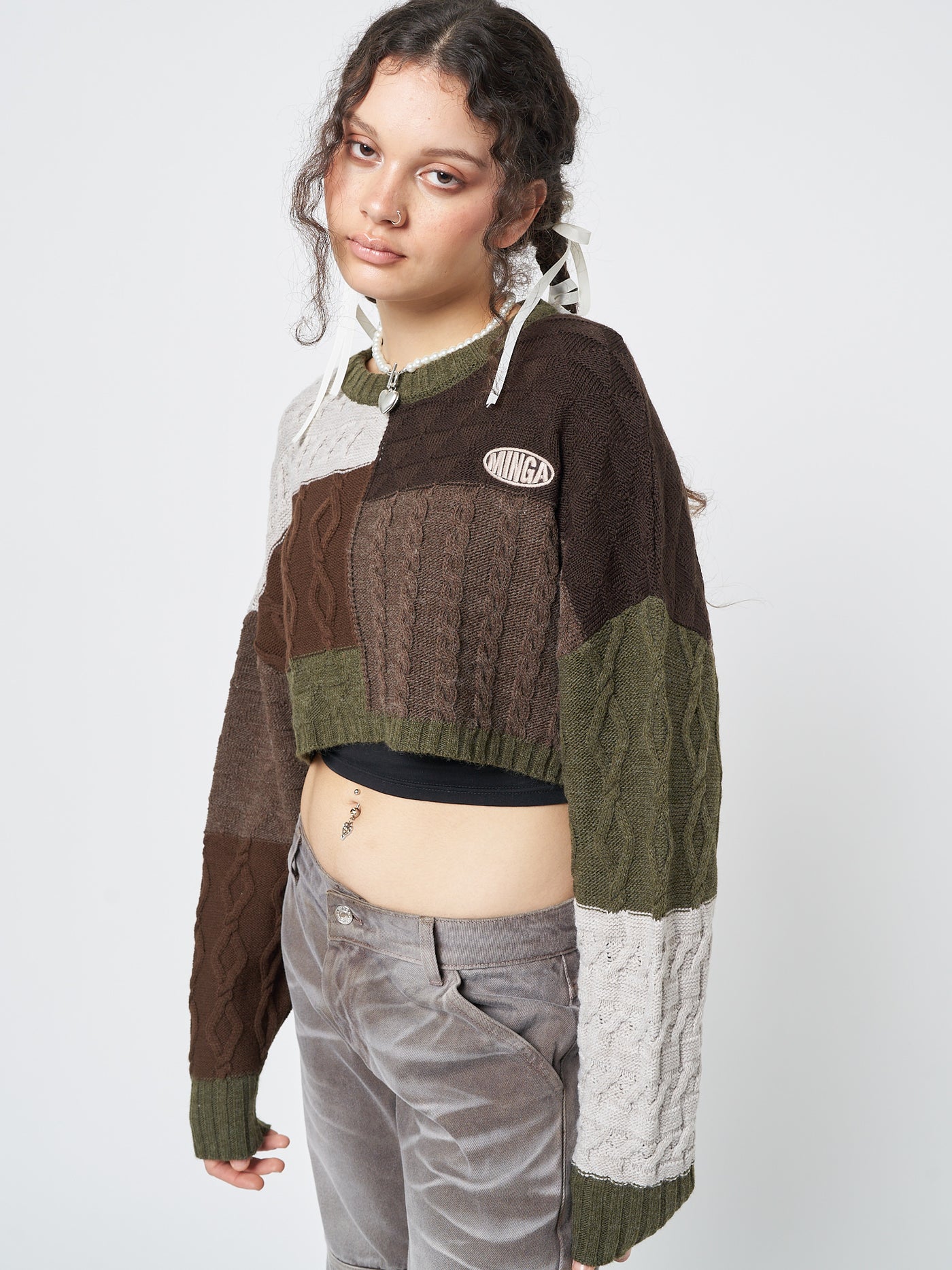 Gigi Patchwork Cable Knit Crop Jumper - Minga London