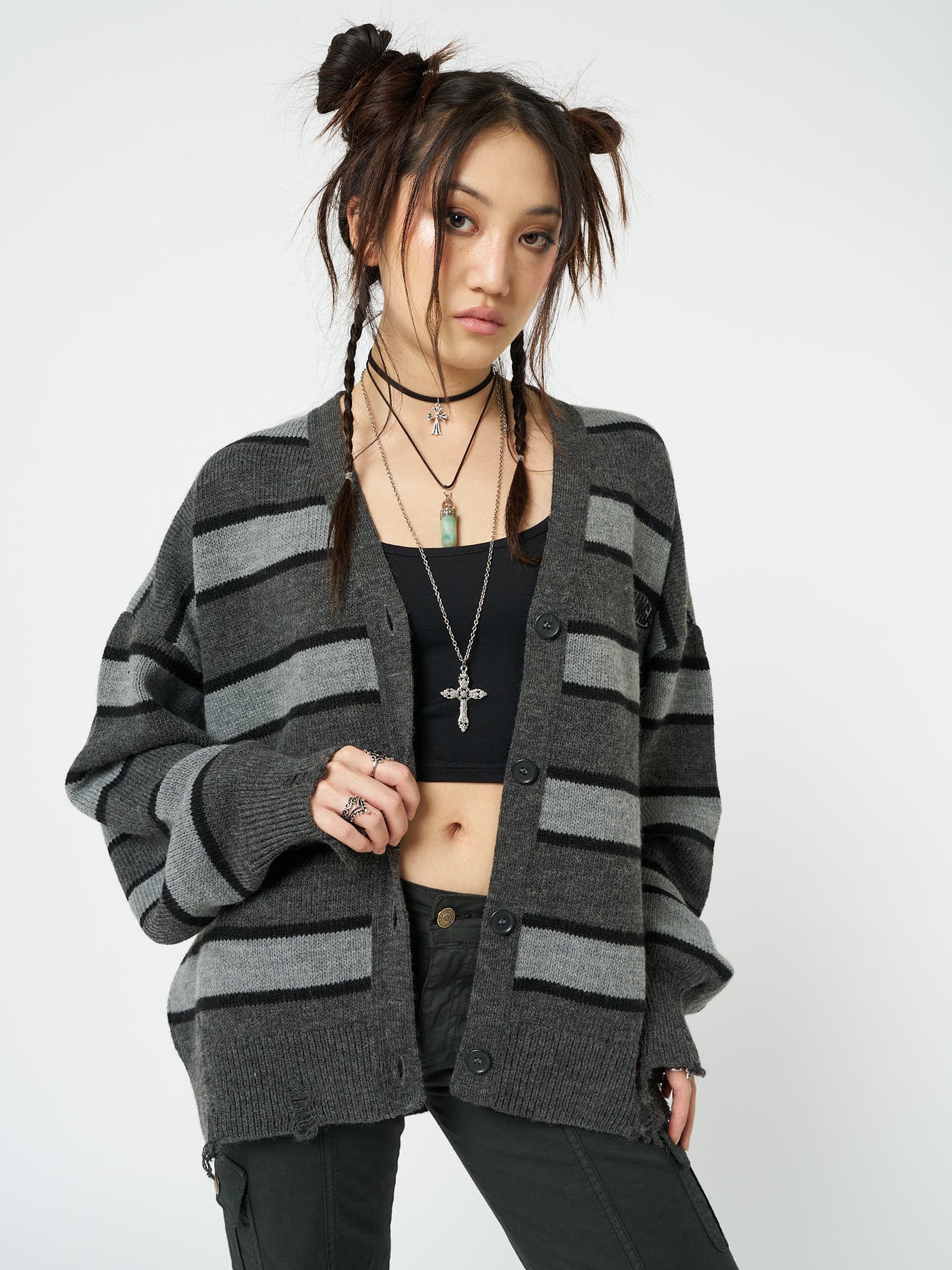 Neesa Grey & Black Stripe Knit Cardigan - Minga London