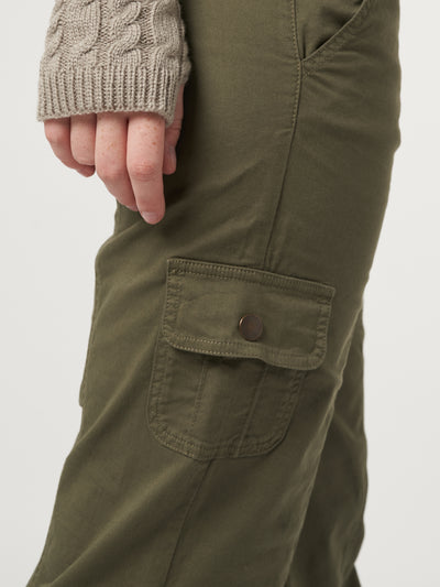 Low rise cargo pants in olive green featuring flared legs