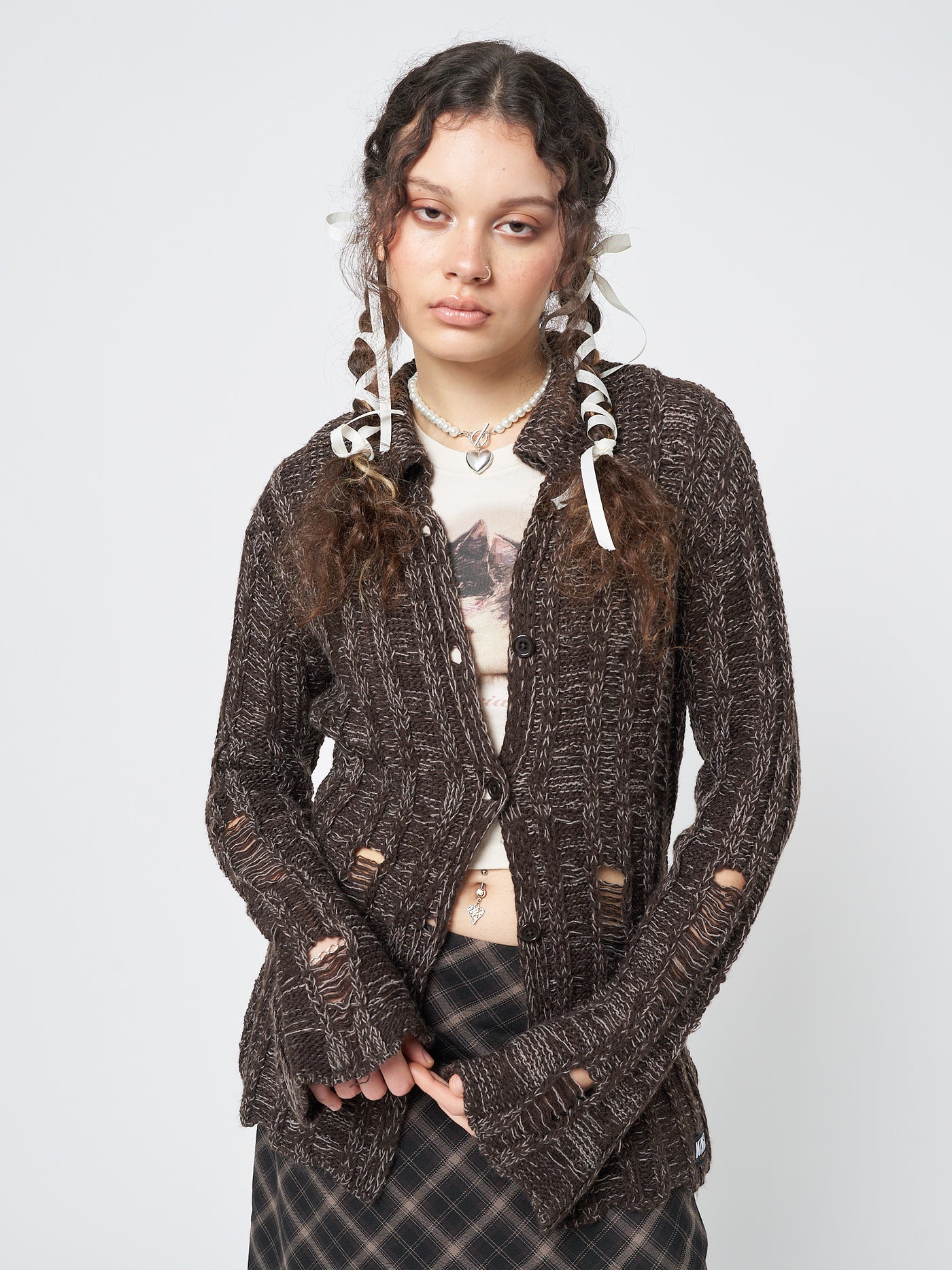 Gem Brown Distressed Knit Cardigan - Minga London