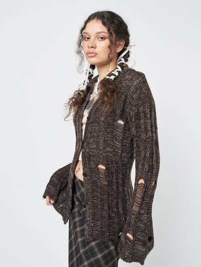 Gem Brown Distressed Knit Cardigan - Minga London