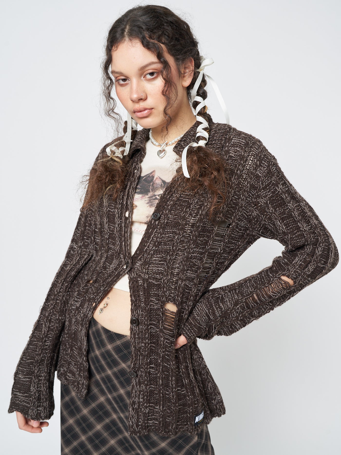 Gem Brown Distressed Knit Cardigan - Minga London