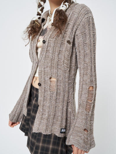 Gem Sand Distressed Knit Cardigan - Minga London