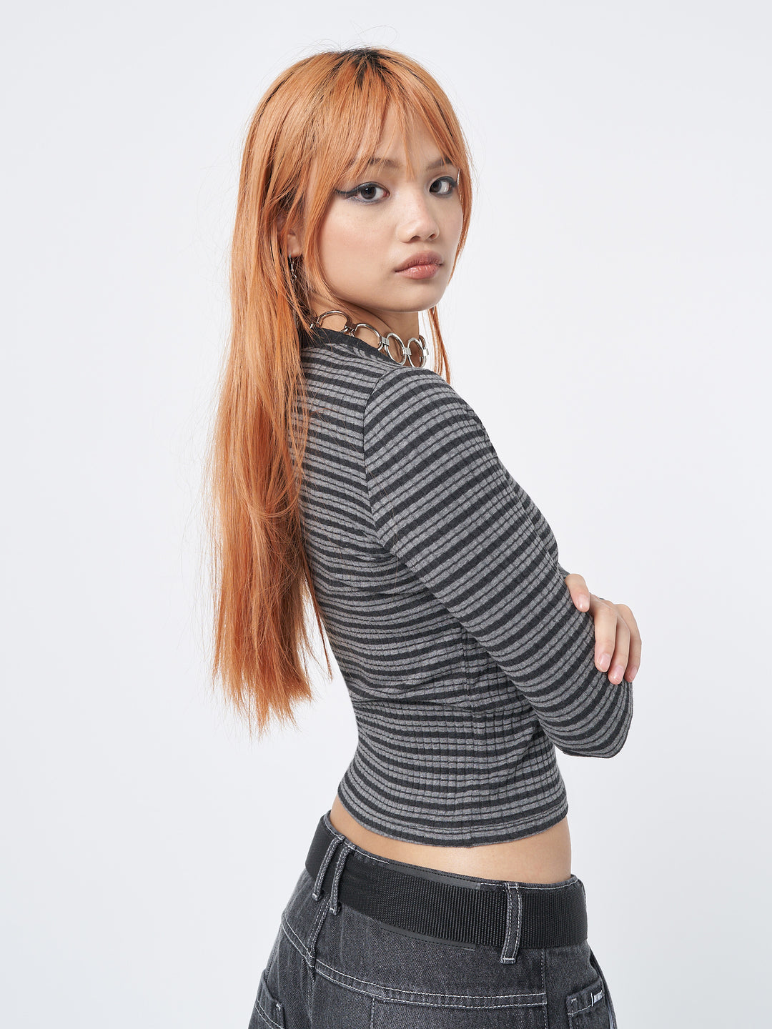 Graphite Black Grey Half Button Striped Rib Long Sleeve Top