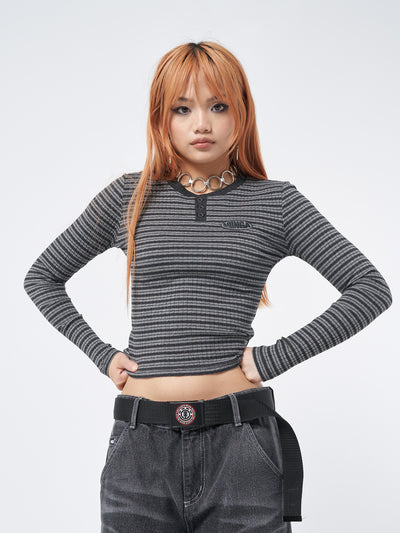 Graphite Half Button Striped Rib Top - Minga London