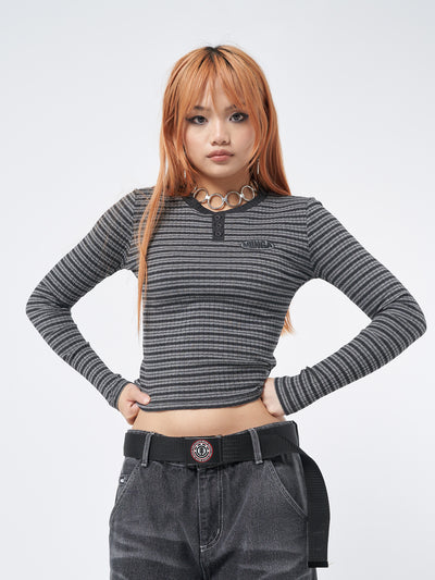 Womens Striped Ribbed long sleeve top in Graphite