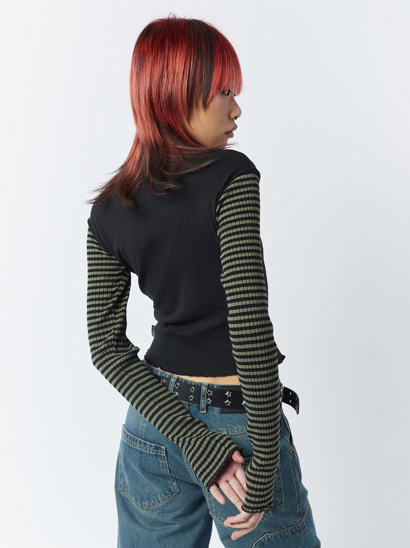 Lost Star Green Black Striped Long Sleeve Top - Minga London