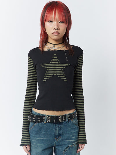 Lost Star Green Black Striped Long Sleeve Top - Minga London