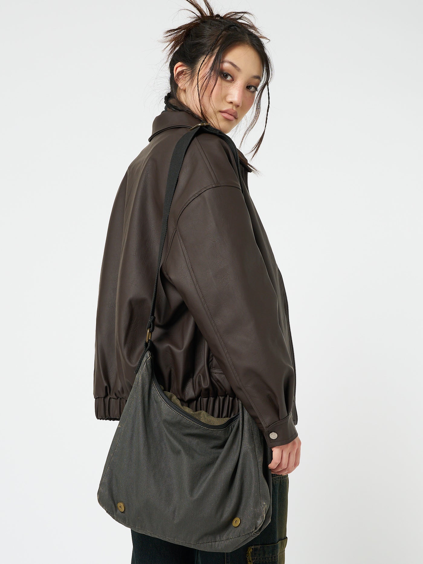 Nora Vegan Leather Bomber Jacket in Brown - Minga London