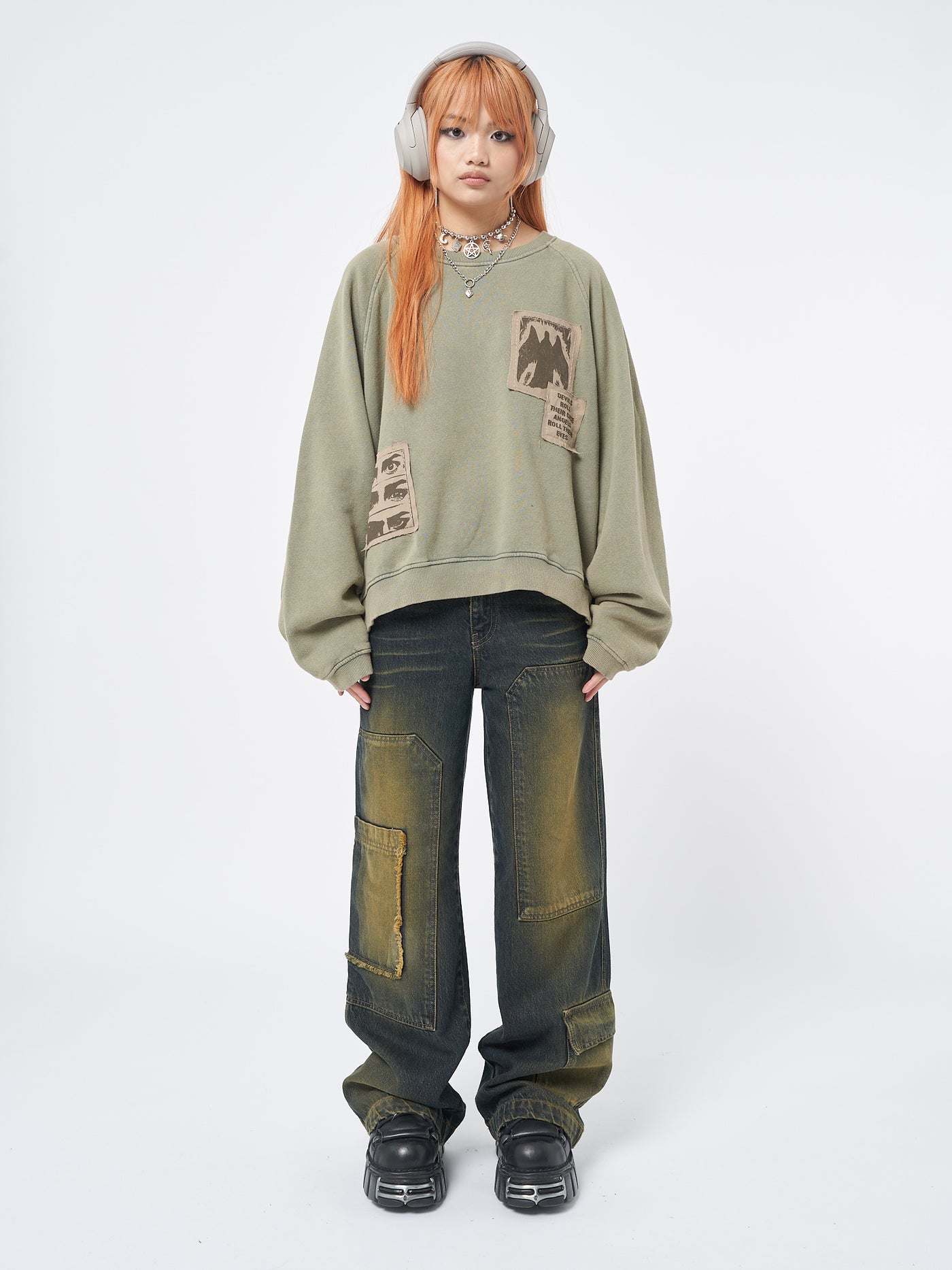 Womens Sweatshirt Washed Green Patch 