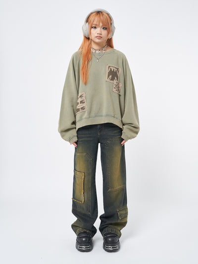 Womens Sweatshirt Washed Green Patch 