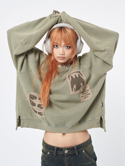 Womens Sweatshirt Washed Green Patch 