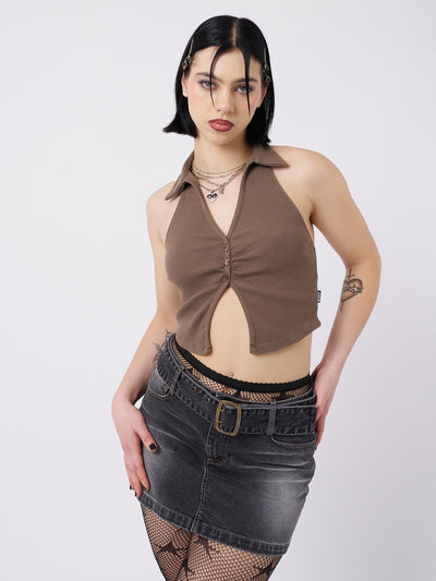 Raya Taupe Halter Neck Collar Top - Minga London