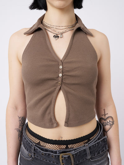 Raya Taupe Halter Neck Collar Top - Minga London