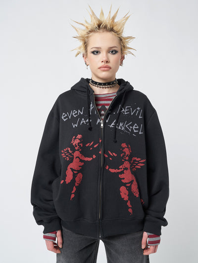 Red Angel Black Zip Up Hoodie - Minga London