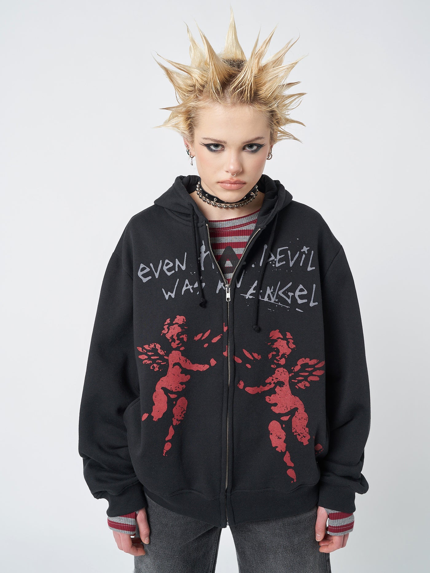 Red Angel Black Zip Up Hoodie - Minga London