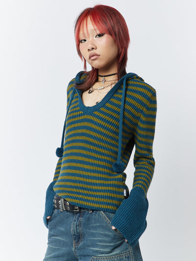 Regina Green & Blue Knitted Hoodie - Minga London