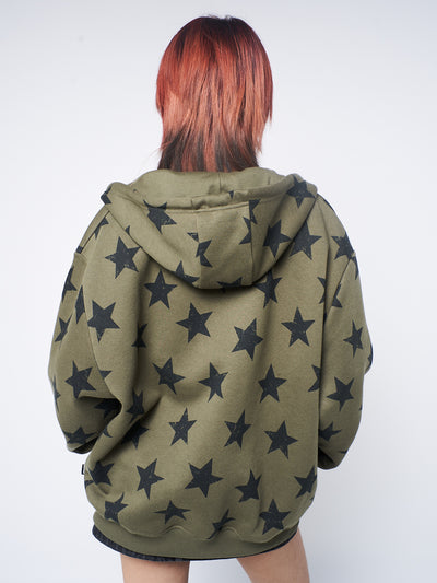 Star Print Green Zip Up Hoodie Jacket - Minga London