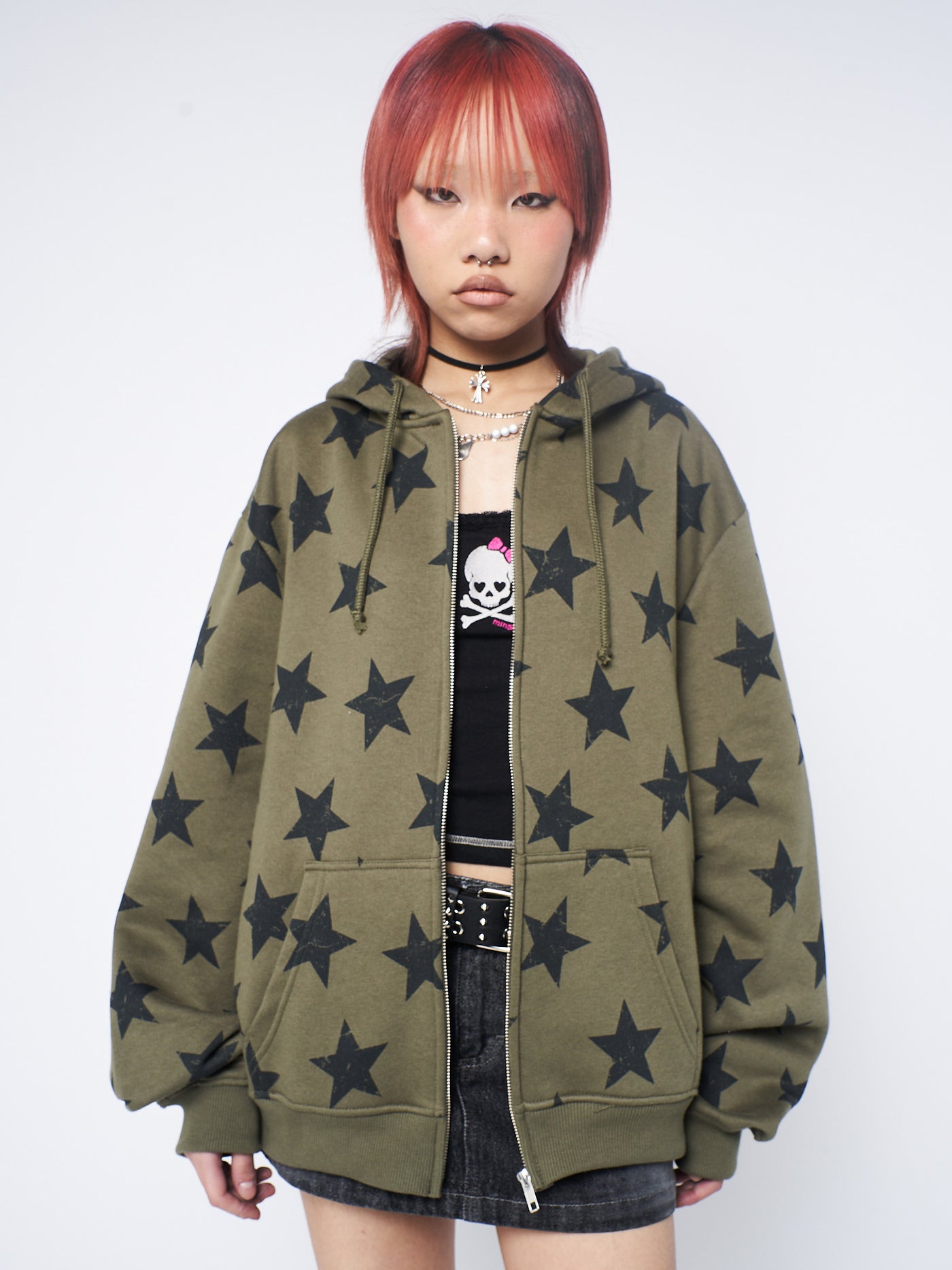 Star Print Green Zip Up Hoodie - Minga London